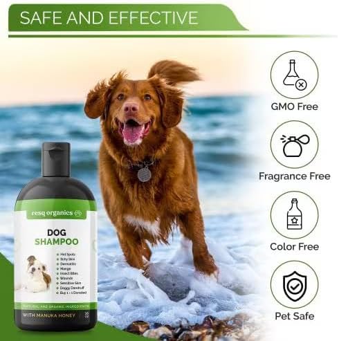 Hypoallergenic Dog Shampoo, Cleans and Soothes Dry Flakey Skin, Reduce Dandruff, Shedding, Calms Itching, Scratching, Organic Aloe & Manuka Honey Softens Fur Moisturizes and Deodorizes