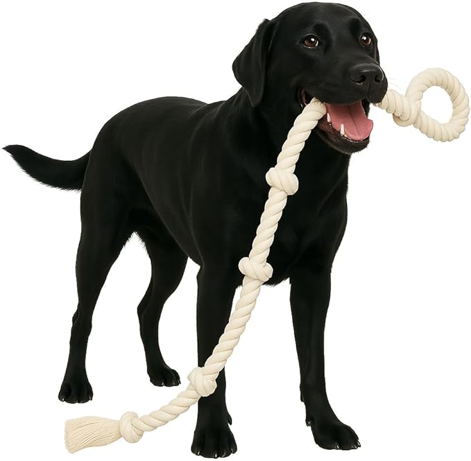 51" Extra Long Dog Rope Tug Toy with Loop Handle – 6-Knot Cotton Rope for Training, Tug-of-War & Interactive Play, Durable for Medium & Large Dogs, Indoor & Outdoor, Washable, White