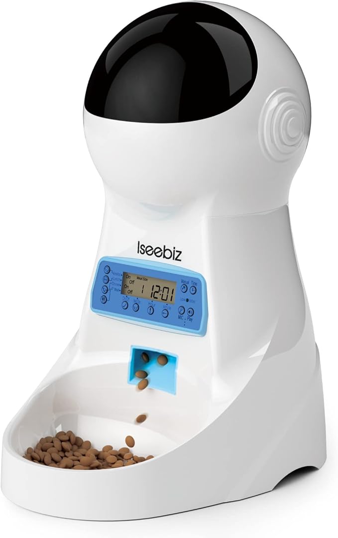 Iseebiz Automatic Cat Feeder, 101oz/3L Timed Cat Feeder for Dry Food with Anti-Clog Design, Up to 4 Meals with Portion Control, Dual Power Supply &10s Voice Recorder for Small Medium Cats Dogs