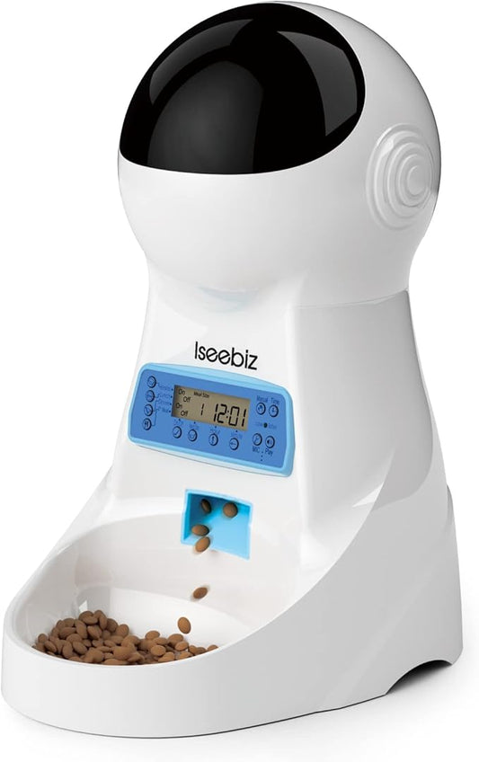 Iseebiz Automatic Cat Feeder, 101oz/3L Timed Cat Feeder for Dry Food with Anti-Clog Design, Up to 4 Meals with Portion Control, Dual Power Supply &10s Voice Recorder for Small Medium Cats Dogs