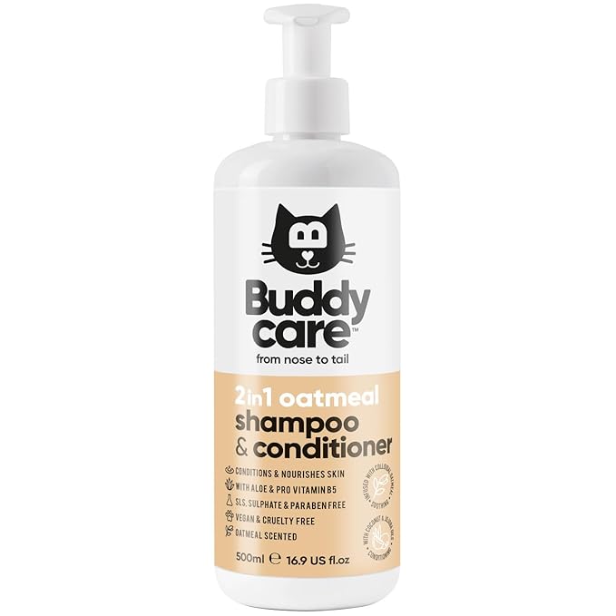 Buddycare Oatmeal 2in1 Cat Shampoo & Conditioner Vegan, Cruelty-Free & PH Balanced - Packed with Aloe & Pro Vitamin B5 | Deep Cleanse Grooming for Healthy Coats | Also Suitable for Kittens (16.90oz)