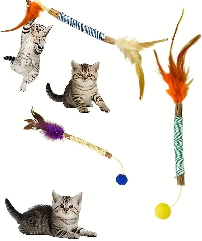 Vintage & Haven ﻿ 4 Pcs Natural Silvervine Sticks Cat Toys, Feather Style, Kittens Chew Toys for Teeth Cleaning, Matatabi Dental Care Cat Treat, Consumable Kitty Lick Toys