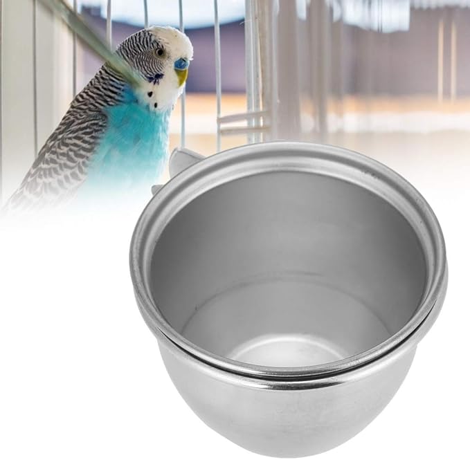 SYH&AQYE Stainless Steel Bird Food Water Coop Cup, Bird Feeding Dish Feeder with Clamp Holder Bird Cage Feeder Set for Macaw African Greys Budgies(7.5cm)