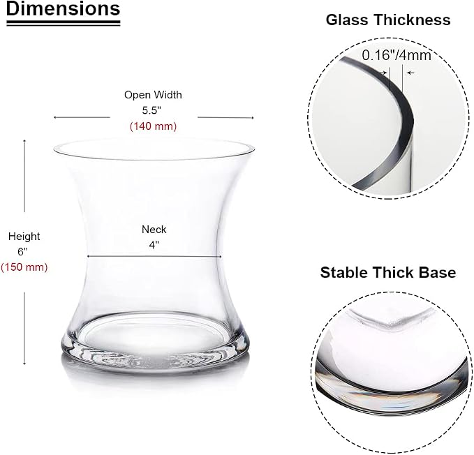 Unique Bouquet Vase, 5.5" W 6" H, Clear Short Hurricane Concaved Glass Flowers Vase for Home Wedding Event Decor (1 Piece)