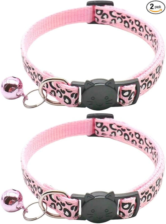 Reflective 2 Pack Breakaway Cat Collars with Bell Leopard Pattern Cute Kitty Adjustable 7.5-12.5 Inch Safe Kitten Collars Charms (Pink)