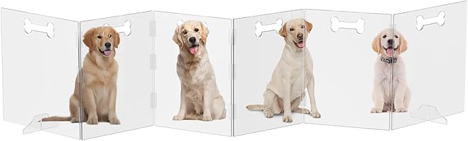 Clear Acrylic Dog Gate, 6 Panel 144" W x 31.5" H, Transparent Freestanding Pet Playpen Indoor, Foldable Pet Fence Barrier for Doorway with Handle/Support Feet