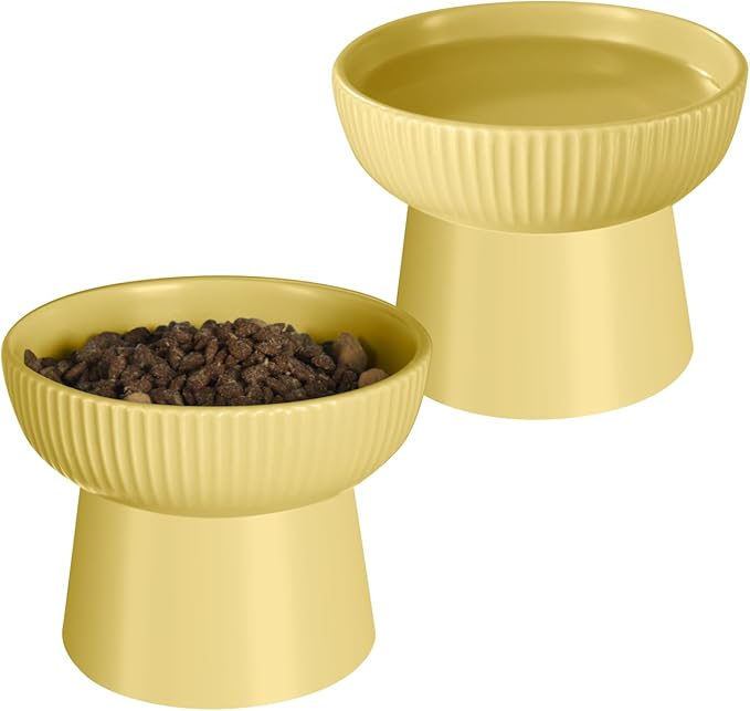 Ceramic Elevated Cat Bowls-Water Bowl, 15° Tilted Design, Anti-Vomiting & Spine Protection, Prevent Whisker Fatigue for Kittens to Adult Cats and Small Dogs (Yellow-Elevated Cat Bowls-2)