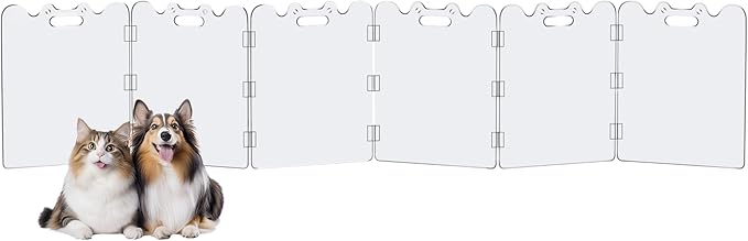 Clear Acrylic Pet Gate - 6 Panel，118" Width White, Indoor/Outdoor Use Foldable FreeStanding Puppy Gates for Dogs & Guinea Pigs, Doorway Stairs Barrier with Transparent Panels