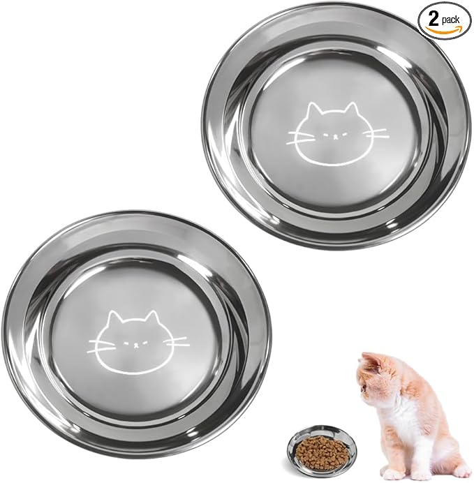 Stainless Steel Cat Bowls Food Dishes for Indoor Cats Cats Shallow Whisker Friendly 6.4Inches Cat Food Water Dishes Bowls Whisker Fatigue Relief Dishwasher Safe 2Pcs