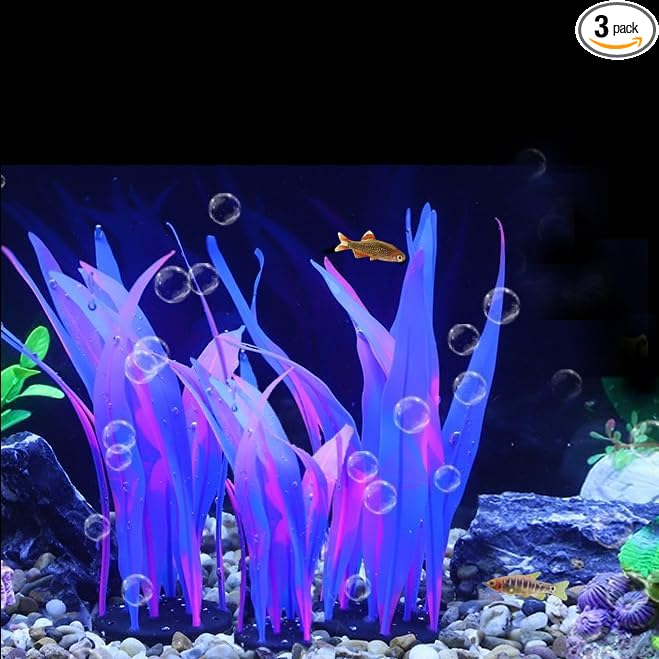 3Pcs Soft Silicone Aquarium Plants Set Glowing Kelp Fish Tank Plants Decor Artificial Blue Aquarium Plant Simulation Artificial Water Grass for Fish Tank,7.08in9.84in16.9in