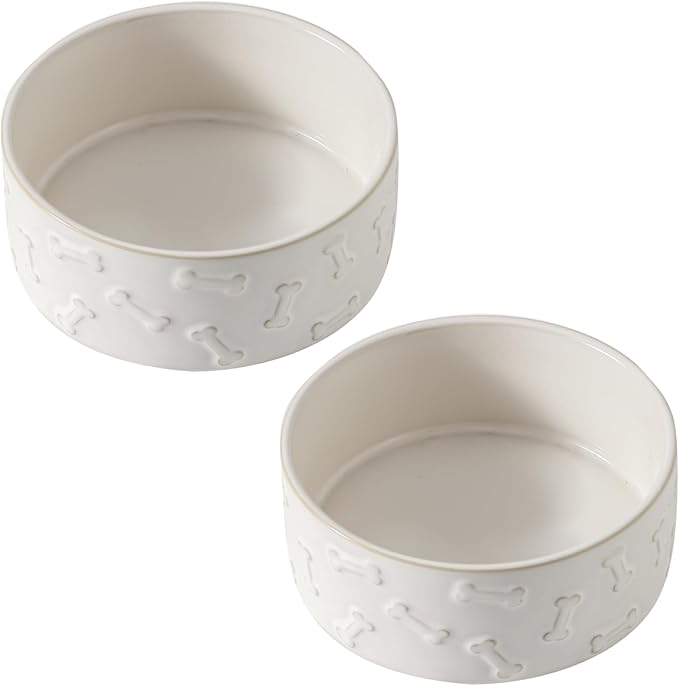 UBEE Ceramic Dog Bowl Set of 2, 5.1 inch Dog Food Bowl, Pet Food Water Dish Feeding for Small Dogs and Large Cat, Bone Pattern, 5.1 in-Small, White