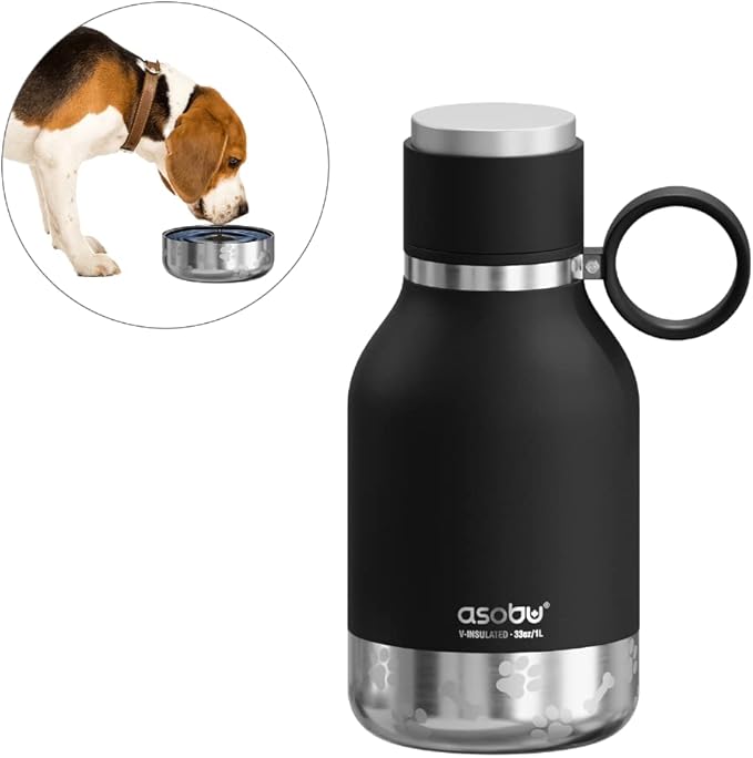 Asobu Dog Bowl Attached to Stainless Steel Insulated Travel Bottle for Human 33 Ounce (Black)