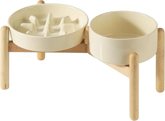 Havniva Ceramic 1.2 Cup Raised Slow Feeder Dog Bowl Set, Elevated 6.1inch Bowl and 7.3inch Slow Pet Food Dish with Wooden Stand for Small and Medium Dog (2 xLight Yellow+ Stand)