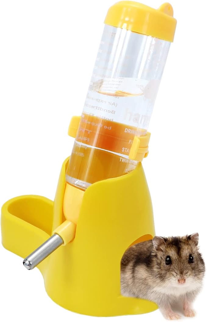 3 in 1 Hamster Hanging Water Bottle Pet Auto Dispenser with Base for Dwarf Hamster Mouse Rat Hedgehog (125ML, Yellow)