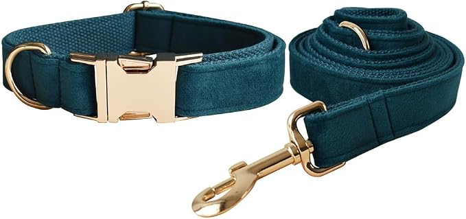 Love Dream Velvet Dog Collar and Leash Set, Soft & Comfy Adjustable Dog Leash and Collar with Heavy Duty Metal Buckle for Small Medium Large Dogs Training & Walking (Large, Peacock Green)