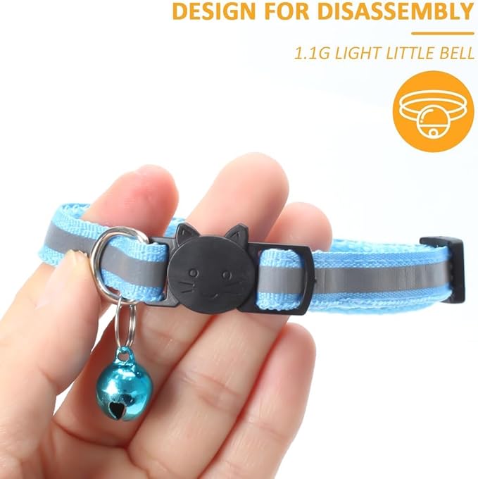 MJIYA Reflective Cat Collar with Bell, Breakaway Grid Collar with Plastic Buckle, Girl Boy Pet Kitty Collars Adjustable 7.5-12.5 Inch (Light Blue)