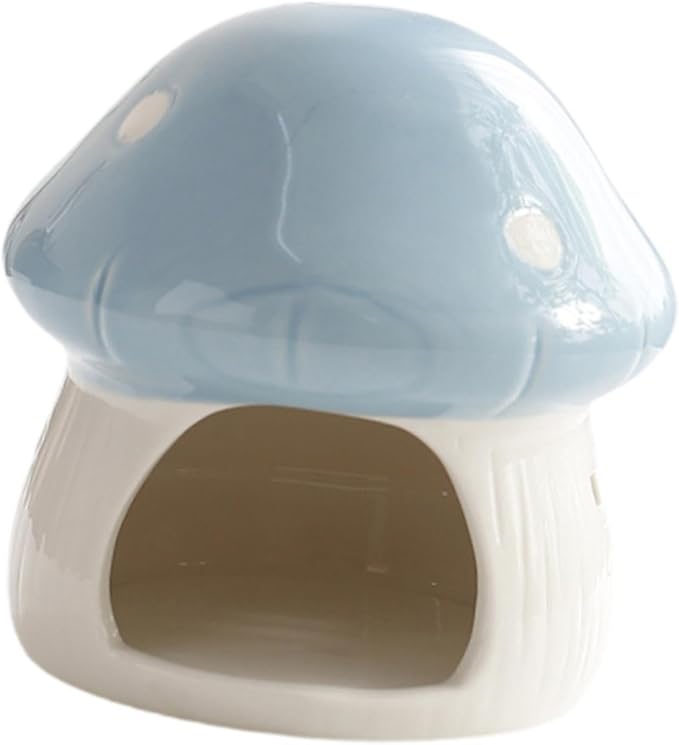 Ceramic Hamster House Hamster Hide Bed Cartoon Indoor Mushroom Shaped Cave Guinea Pig Hideout for Rats Small Pets Accessories, Blue