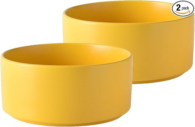 Ceramic Set of 2 Dog Bowls - Classic Dogs Food & Water Bowl for Small and Medium Breed, Heavy-Duty Non-Slip Dog Dishes, Food Grade Pet Bowl, Dishwasher & Microwave Safe (6'', 2*30OZ, Yellow)