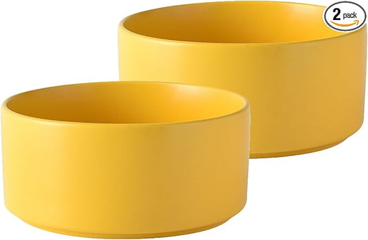 Ceramic Set of 2 Dog Bowls - Classic Dogs Food & Water Bowl for Small and Medium Breed, Heavy-Duty Non-Slip Dog Dishes, Food Grade Pet Bowl, Dishwasher & Microwave Safe (6'', 2*30OZ, Yellow)