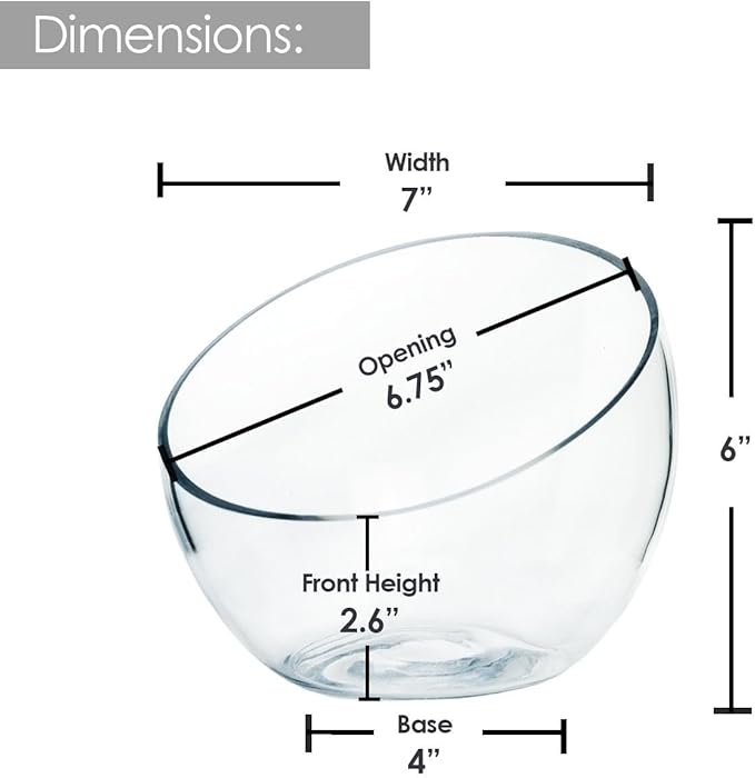 Slant Cut Bowl Glass, Glass Fish Bowl Vase, 6" Height x 7" Width Fruit Jar, Candy Dish, Clear Terraium, Flower Centerpiece