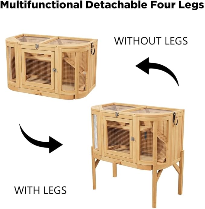 Wooden Hamster Cage 2 Story with Detachable Legs & Pull-Out Tray, Small Animal Habitat with Ramp, Top & Side Ventilation Mesh for Guinea Pigs