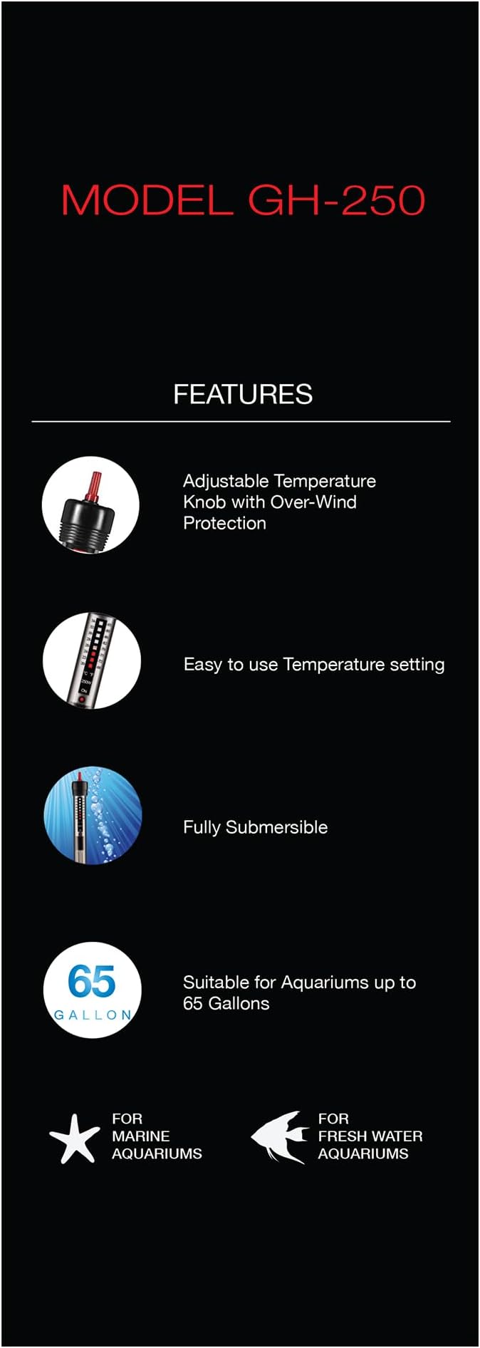 Aquatop 250W Aquarium Submersible Glass Heater – Fully Submersible for Fish Tanks Up to 65 Gallons, 68-93F Adjustable Temperature Range, Fresh & Saltwater Use, Aquarium Heaters, GH-250
