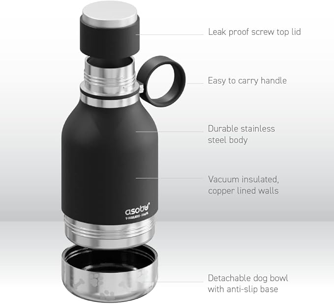 Asobu Dog Bowl Attached to Stainless Steel Insulated Travel Bottle for Human 33 Ounce (Black)