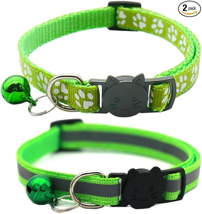 2 Pack Cat Collars Quick Release Reflective Kitten Collar with Bell & Safety Release (Light Green)