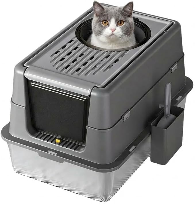 Stainless Steel Cat Litter Box with Lid - Enclosed Covered Metal Kitty Litter Box Enclosure with 180° Flip-Top, Leak-Proof High Sided Cat Box & Scooper, Easy to Clean, Odor Control, for All Cat Sizes