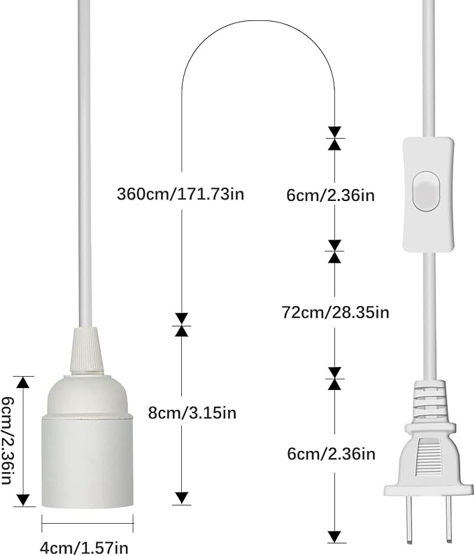 Hanging Light Cord 2-Pack Pendant Light Cord Lamp Kit 15FT Extension Hanging Lantern Pendant Lamp Cord Cable E26/E27 Lamp Kit DIY Plug in Hanging Light Kit with Switch for Bedroom Plant Growth Light