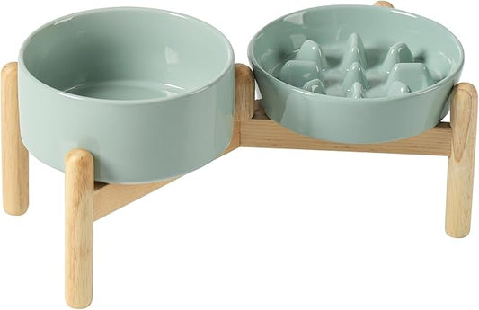 Havniva Ceramic 0.9 Cup Raised Slow Feeder Dog Bowl Set, Elevated 6.1inch Slow Dish and 6.1inch Water Bowl with Wooden Stand for Small Dogs (2 x Light Green+ Stand)