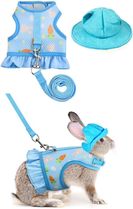 Breathable Small Animal Harness Leash & Hat Set - Adjustable Closure, 3 Colors - Escape-Proof Vest for Bunny, Chinchilla, Guinea Pig, Hamster for All Seasons
