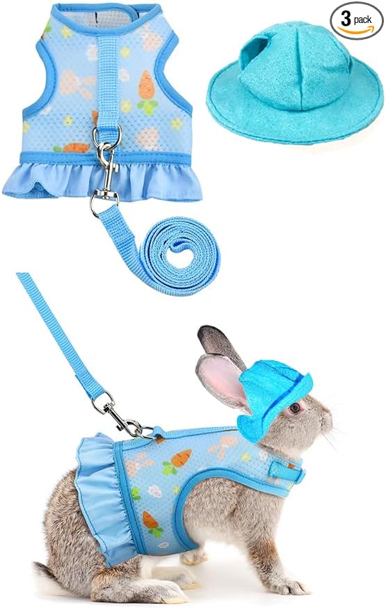 Breathable Small Animal Harness Leash & Hat Set - Adjustable Closure, 3 Colors - Escape-Proof Vest for Bunny, Chinchilla, Guinea Pig, Hamster for All Seasons