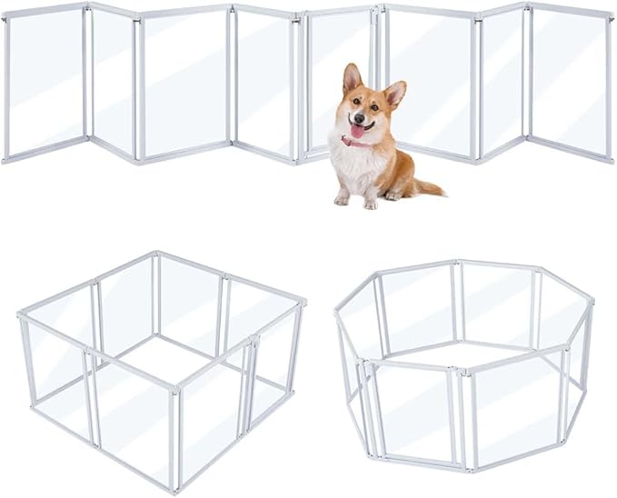 unipaws Clear Acrylic Transparent Dog Playpen, 166” Extra Wide 8 Panels Freestanding Walk Through Dog Gate, Foldable Pet Pen Whelping Cage for Puppy Cats