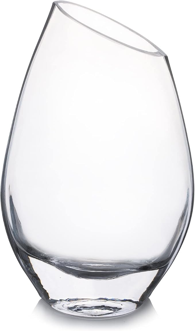Unique Angled Rim Clear Glass Vase 4.5" W 8.0" H, Decorative Flower Vase for Home Decor Indoor, Wedding Centerpiece Event (1 Piece)