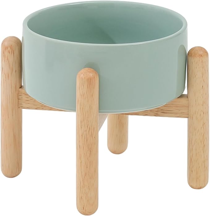 Havniva Ceramic 6.1inch Raised Dog Bowl with Stand for Small and Medium Dog Dish Pet Food and Water Bowl (Single Bowl with Stand - Light Green)