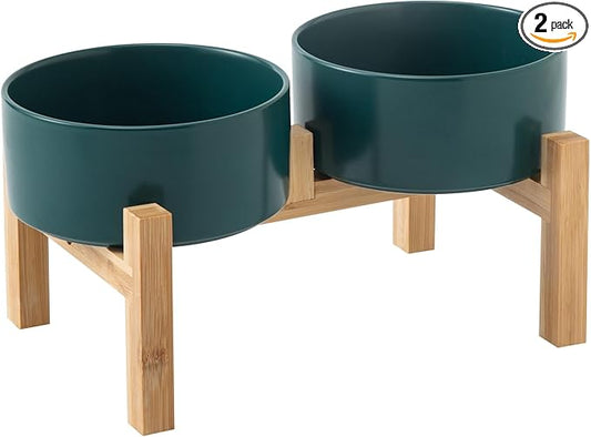 Raised Ceramic Dog Bowl Set - Elevated Dog Bowls with Non Slip Bamboo Stand, Food and Water Bowl Set for Small and Medium Breed Dogs, Pet Bowls, Weighted Dogs Dishes (6'', 2 * 30OZ, Green)