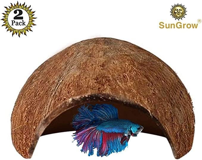 SunGrow Betta Fish Caves, Habitat Made from Coconut Shell, Soft-Textured Smooth Edged Spacious Hideout for Resting and Breeding, 2 Pcs