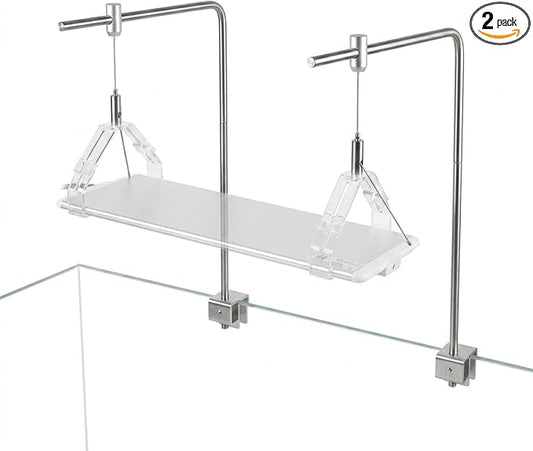 Stainless Steel Aquarium Light Riser - Adjustable Hanging Kit for Rimless Fish Tanks up to 12mm - Professional L-Bracket Stand with Suspension Wire for 5"-24" LED Plant Lights, 1 Pair