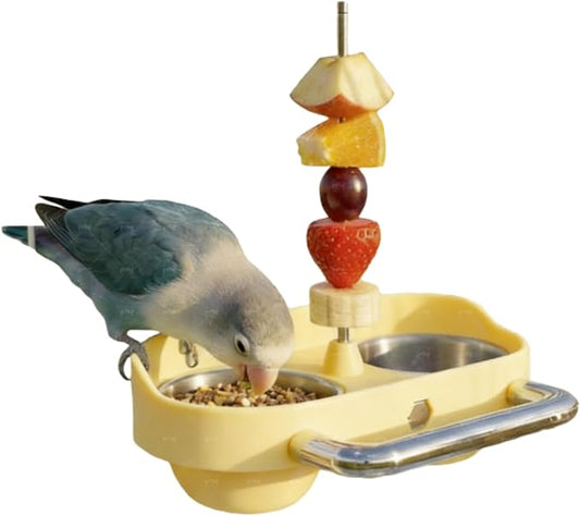 Bird Feeder Birds Bowls Stainless Steel Dishes Coop Cups with Fruit Skewer, Parrot Feeding Dish Cups Food Water Bowls with Bird Food Holder for Budgies Lovebirds (Yellow,Oval)
