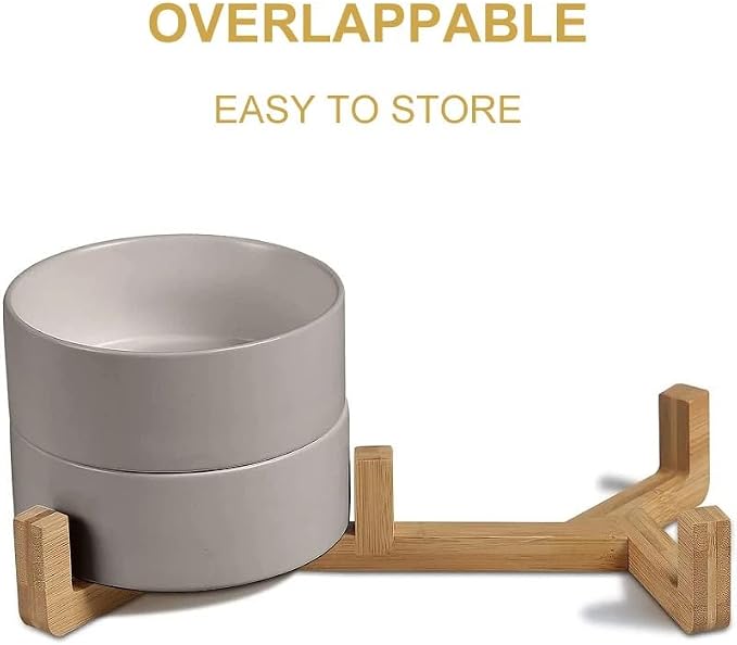 Elevated Ceramic Pet Bowls – Double Raised Food and Water Bowls for Dogs and Cats with Bamboo Stand, Gray Modern Non-Slip Dishwasher Safe Feeder Station