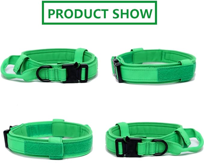 Xqpetlihai Tactical Dog Collar - Military Dog Collar - Adjustable Nylon - Heavy Duty Metal Buckle with Handle - Bright Green - XL