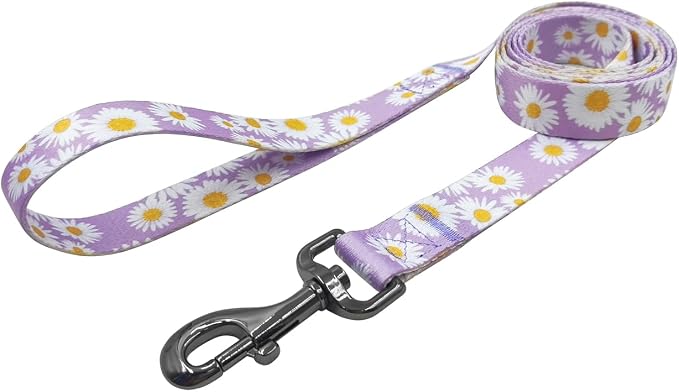 Dog Collar Leash Set, Floral Pattern, Polyester Material, Adjustable Collar and 5ft Matchcing Leash, for Large Dogs.(L, Light Purple Daisy)