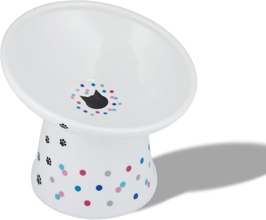 Necoichi Raised Cat Food Bowl – Ceramic Elevated 15° Tilted Cat Bowl for Whisker Fatigue Dishwasher Microwave Safe, Non-Slip Anti Vomiting Design (Colorful Dots, Extra Wide Tilted, 1.5-Cup Capacity)