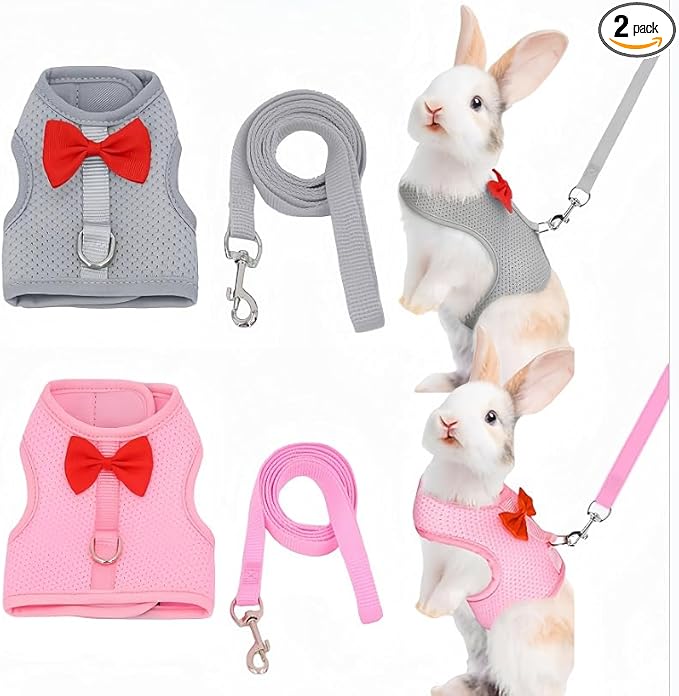 2 Pack Adjustable Bunny Rabbit Harness and Leash Set Breathable Mesh Vest Harness for Rabbits Kitten Ferret Puppy Small Pets Walking Supplies-Grey&Pink,M