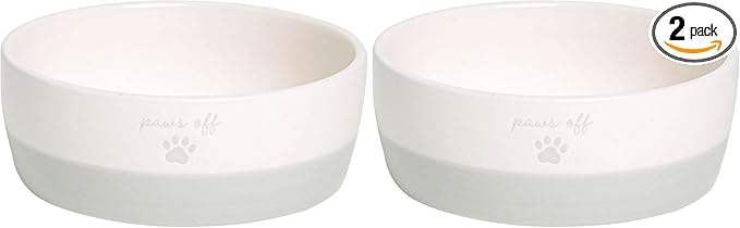 Pearhead Paws Off Ceramic Cat Bowl, Holds 1.3 Cups, Small Food and Water Bowl for Cats, Pet Dish, Microwave and Dishwasher Safe (Pack of 2)