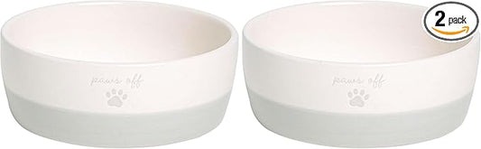 Pearhead Paws Off Ceramic Cat Bowl, Holds 1.3 Cups, Small Food and Water Bowl for Cats, Pet Dish, Microwave and Dishwasher Safe (Pack of 2)