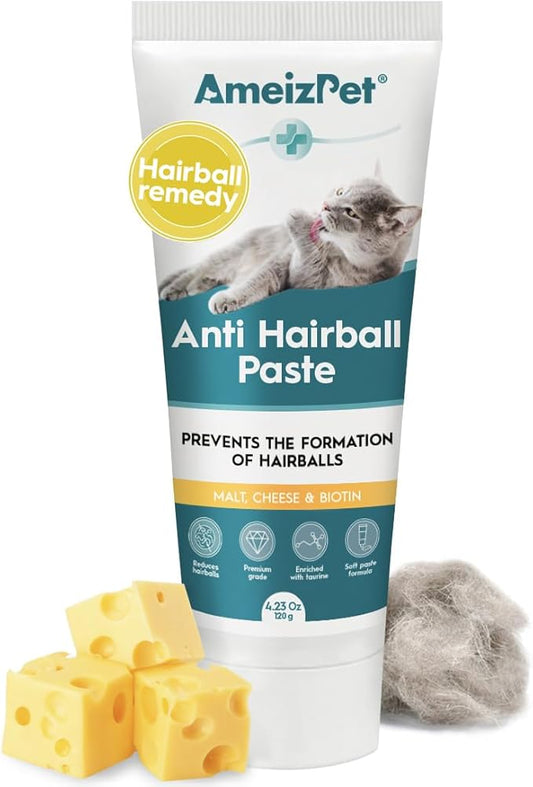 AmeizPet Hairball Remedy for Cats, Anti-Hairball Malt Paste for Pet Fur, Treatment for Long & Short Fur Cats with Taurine & Cheese, 4.23 Oz (120g)