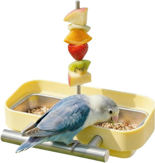 Bird Feeder Birds Bowls Stainless Steel Dishes Coop Cups with Fruit Skewer, Parrot Feeding Dish Cups Food Water Bowls with Bird Food Holder for Budgies Lovebirds (Yellow,Square)