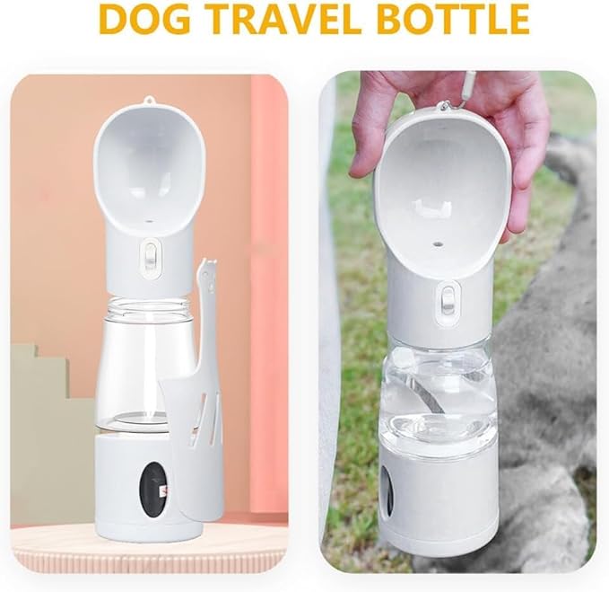 Baby Blue 4-in-1 Portable Dog Water Dispenser+Food Storage+Built-in Poop Bag Holder+Scoop | 258ml Water & 220ml Food Capacity | Leakproof | Food-Grade ABS Material.